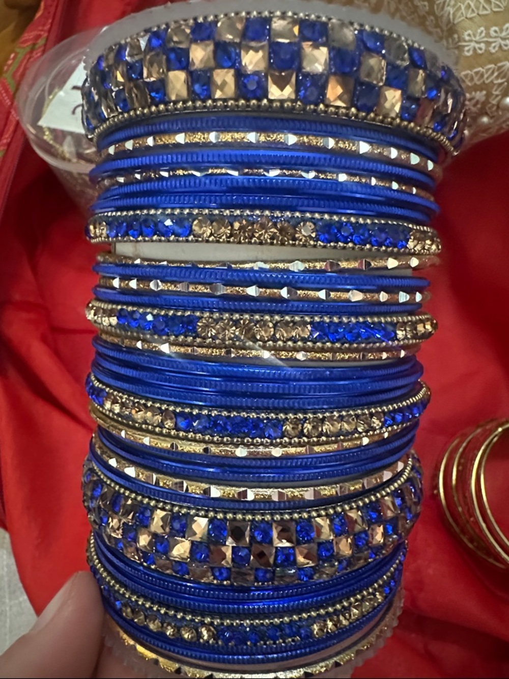 Blue and Gold Women's Layered Crystal Bangle Bracelet Set